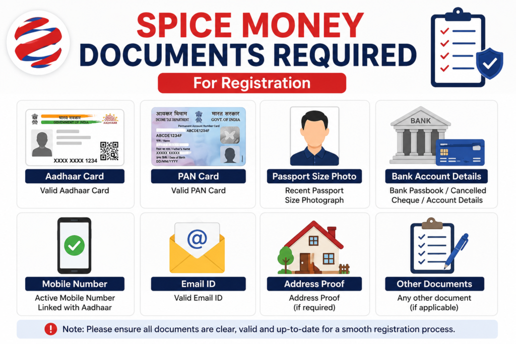 Documents required for Spice Money registration including Aadhaar PAN and bank details